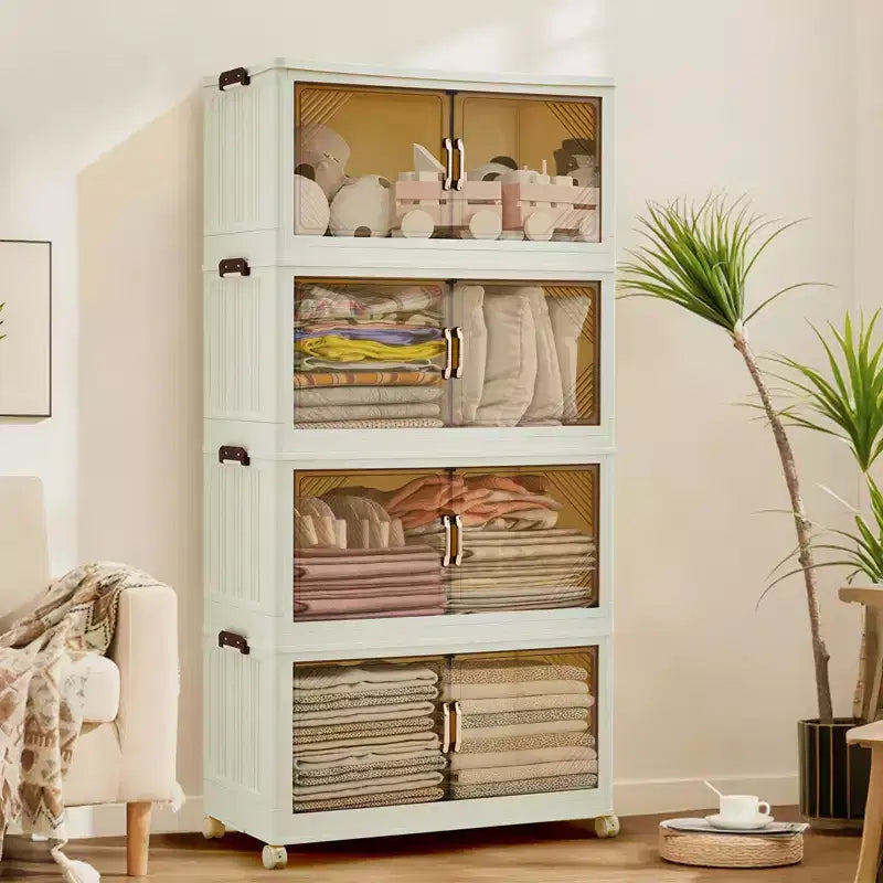 Stackable Storage Bins with Lids, Plastic Storage Drawers with Magnetic Doors and Wheels, Foldable Collapsible Closet Organizers, for Home, Dorm