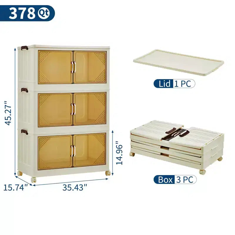 Stackable Storage Bins with Lids, Plastic Storage Drawers with Magnetic Doors and Wheels, Foldable Collapsible Closet Organizers, for Home, Dorm