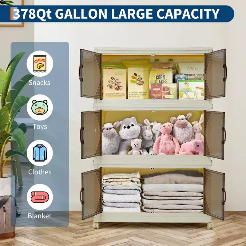 Stackable Storage Bins with Lids, Plastic Storage Drawers with Magnetic Doors and Wheels, Foldable Collapsible Closet Organizers, for Home, Dorm