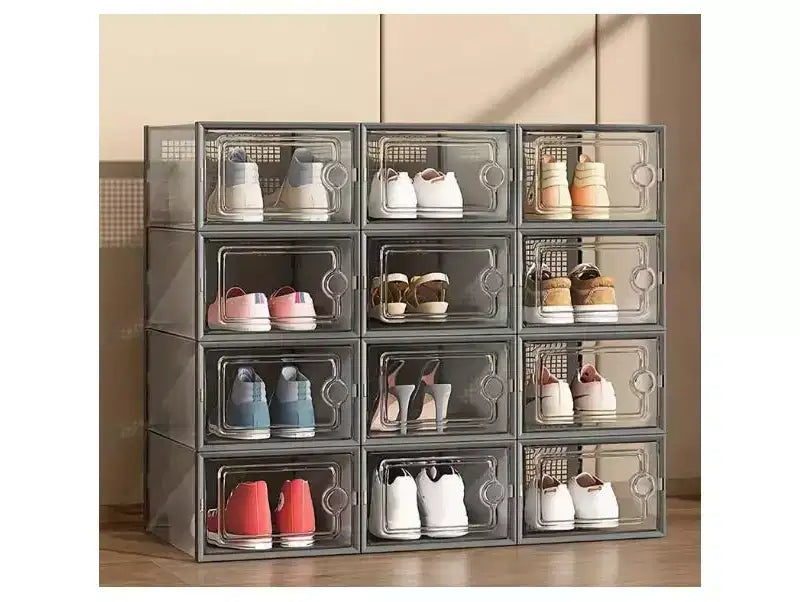 12 PCS Shoe Organizer, Clear Plastic Stackable Shoe Organizer for Closet, Clear Plastic Stackable Shoe Box for Entryway Space Saving Collapsible