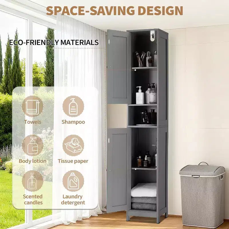 Tall Narrow Bathroom Storage Cabinet with 3 Door Cupboard, Adjustable Shelves, Open Shelf, Metal Handles and Hinges