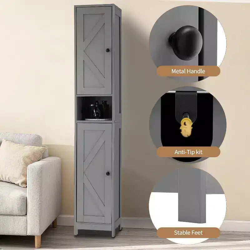 Tall Narrow Bathroom Storage Cabinet with 3 Door Cupboard, Adjustable Shelves, Open Shelf, Metal Handles and Hinges