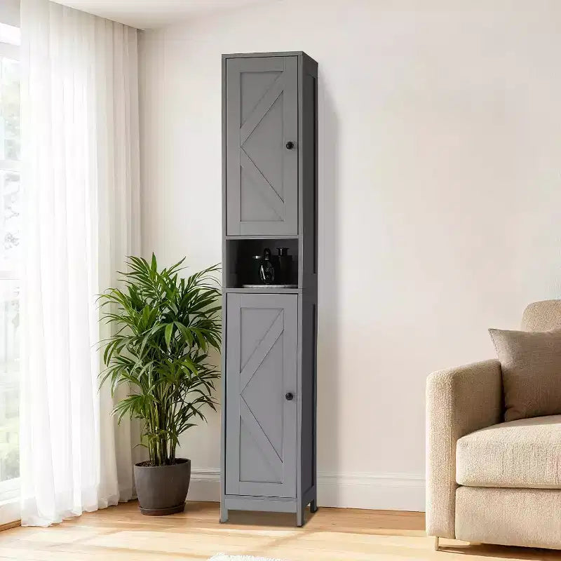 Tall Narrow Bathroom Storage Cabinet with 3 Door Cupboard, Adjustable Shelves, Open Shelf, Metal Handles and Hinges
