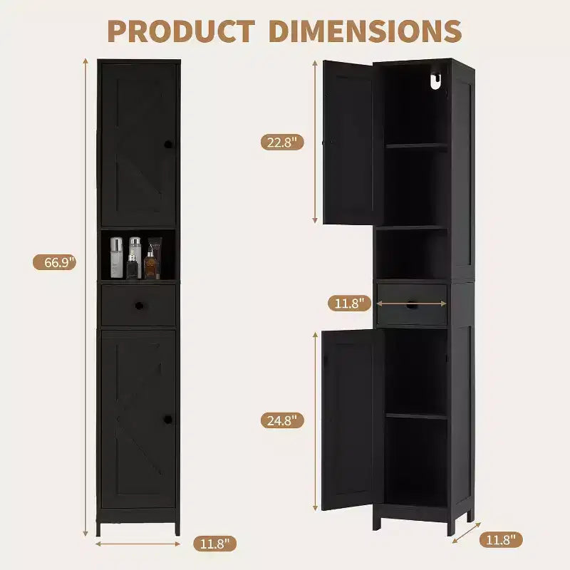 Tall Narrow Bathroom Storage Cabinet with 3 Door Cupboard, Adjustable Shelves, Open Shelf, Metal Handles and Hinges