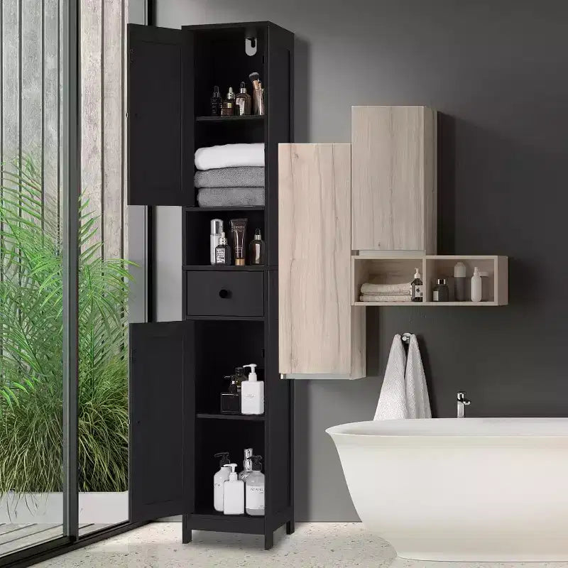 Tall Narrow Bathroom Storage Cabinet with 3 Door Cupboard, Adjustable Shelves, Open Shelf, Metal Handles and Hinges