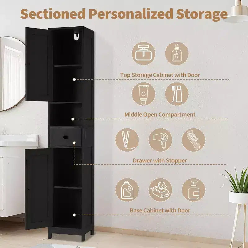 Tall Narrow Bathroom Storage Cabinet with 3 Door Cupboard, Adjustable Shelves, Open Shelf, Metal Handles and Hinges