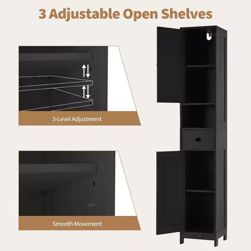 Tall Narrow Bathroom Storage Cabinet with 3 Door Cupboard, Adjustable Shelves, Open Shelf, Metal Handles and Hinges