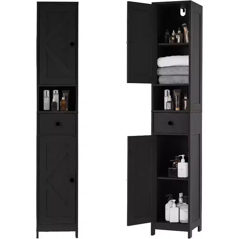 Tall Narrow Bathroom Storage Cabinet with 3 Door Cupboard, Adjustable Shelves, Open Shelf, Metal Handles and Hinges