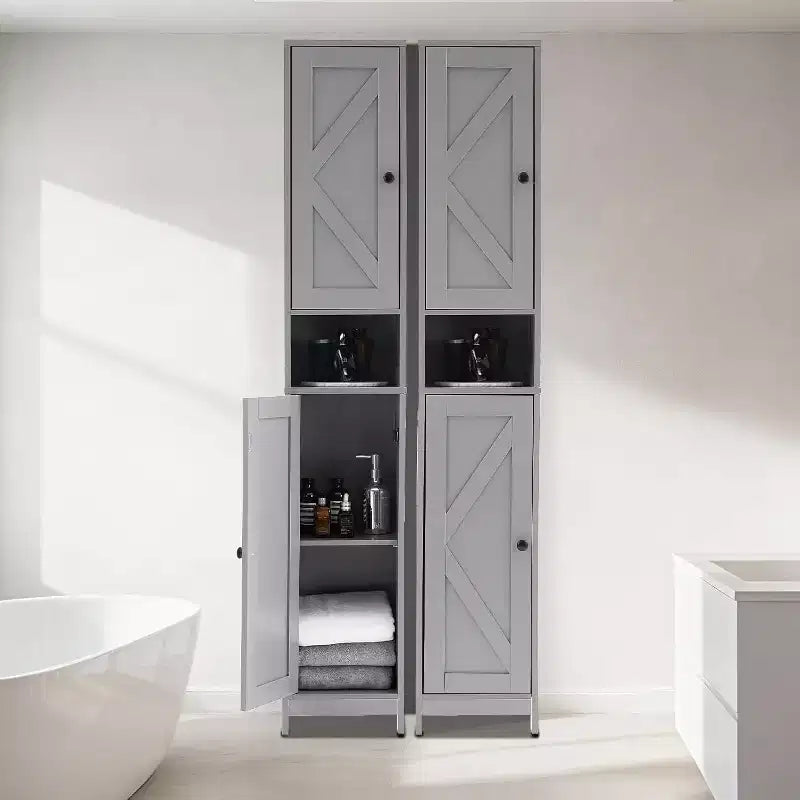 Tall Narrow Bathroom Storage Cabinet with 3 Door Cupboard, Adjustable Shelves, Open Shelf, Metal Handles and Hinges