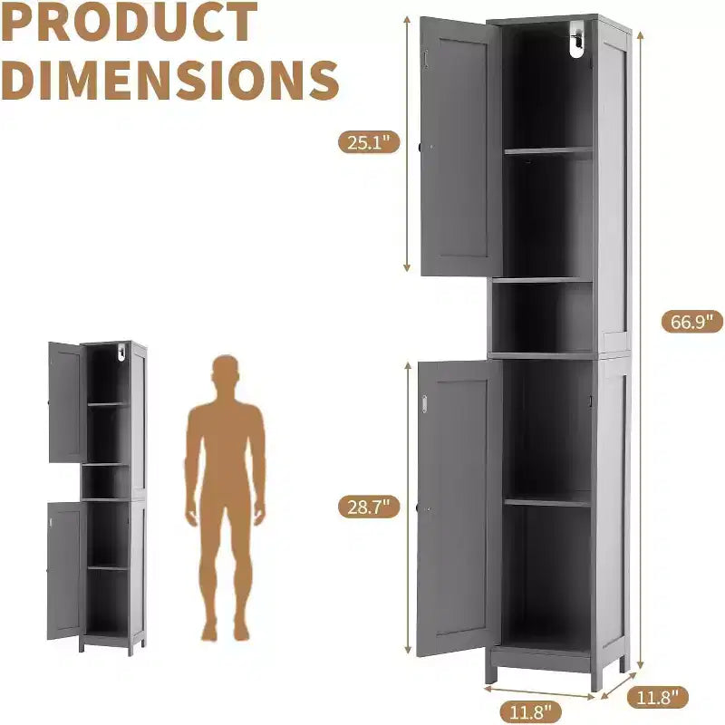 Tall Narrow Bathroom Storage Cabinet with 3 Door Cupboard, Adjustable Shelves, Open Shelf, Metal Handles and Hinges