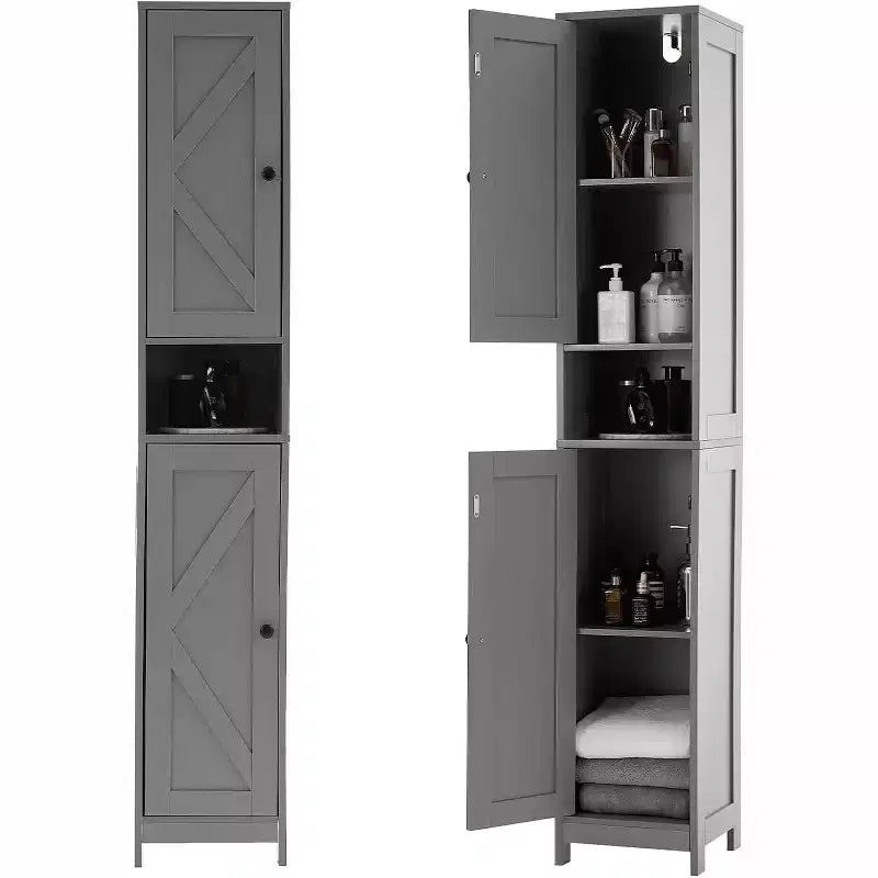 Tall Narrow Bathroom Storage Cabinet with 3 Door Cupboard, Adjustable Shelves, Open Shelf, Metal Handles and Hinges