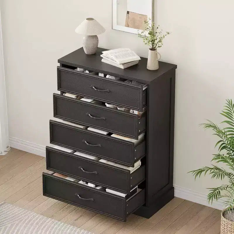 42.7 Tall Farmhouse 5 Drawer Dresser, 5 Chest of Drawers Nightstand with Sturdy Foundation, Wooden Cabinet for Bedroom Living Room Nursery
