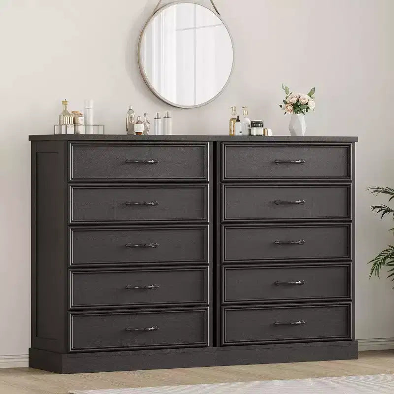 42.7 Tall Farmhouse 5 Drawer Dresser, 5 Chest of Drawers Nightstand with Sturdy Foundation, Wooden Cabinet for Bedroom Living Room Nursery