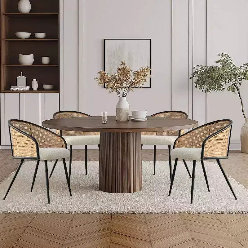 Upholstered Dining Chairs Set of 4, Comfortable Rattan Kitchen Armchair with Soft Boucl Fabric Seat & Black Metal Legs -