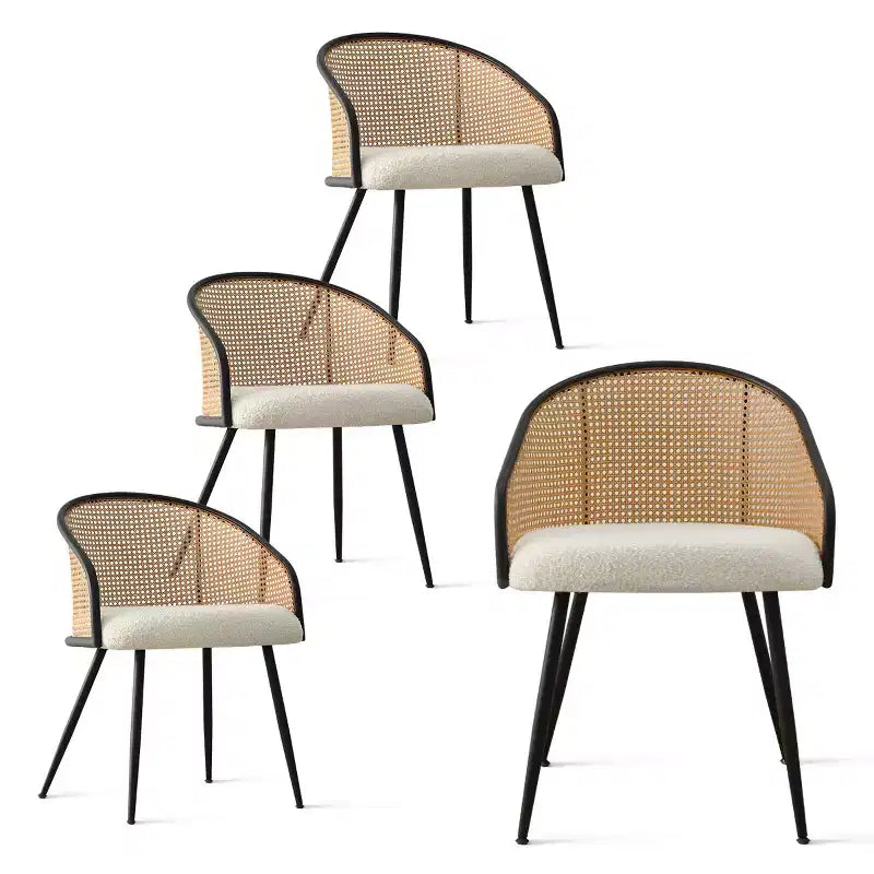 Upholstered Dining Chairs Set of 4, Comfortable Rattan Kitchen Armchair with Soft Boucl Fabric Seat & Black Metal Legs -