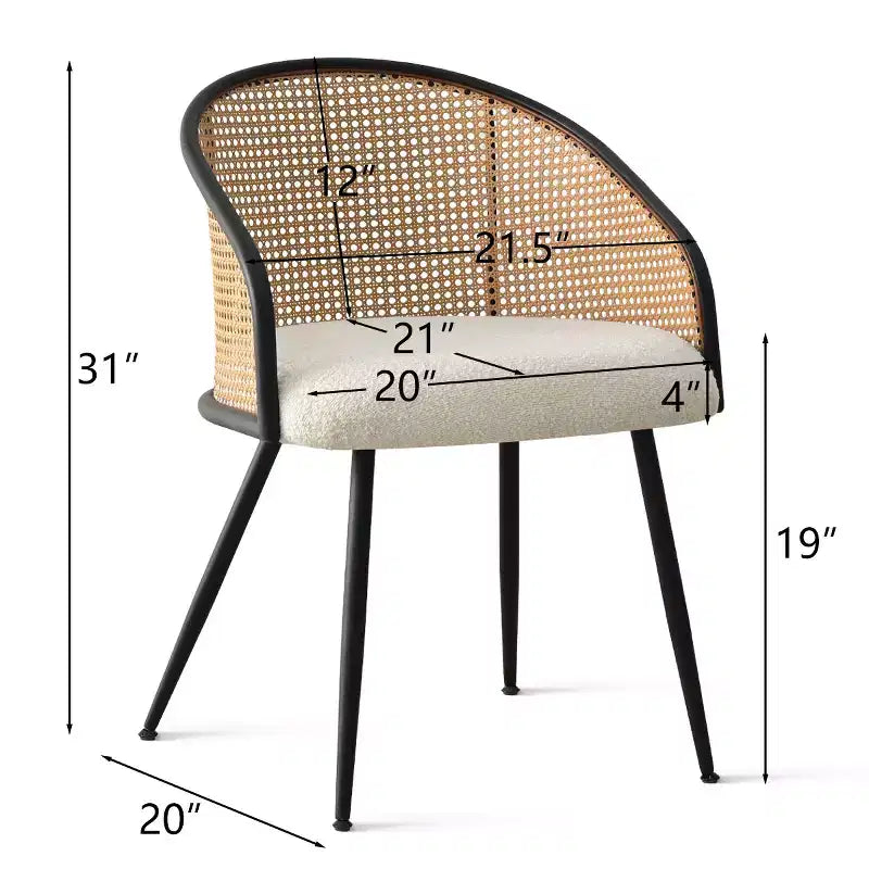 Upholstered Dining Chairs Set of 4, Comfortable Rattan Kitchen Armchair with Soft Boucl Fabric Seat & Black Metal Legs -