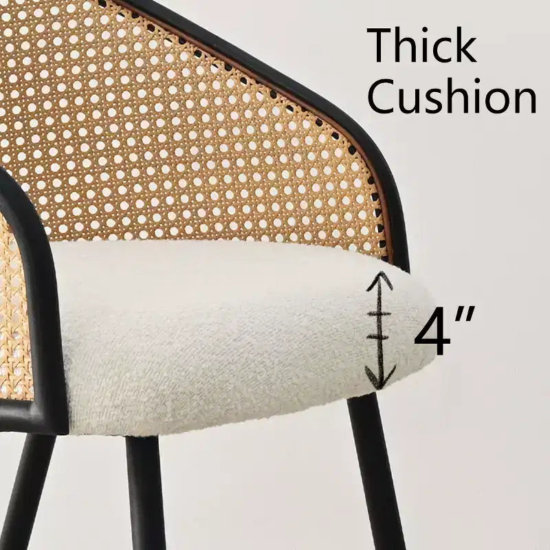 Upholstered Dining Chairs Set of 4, Comfortable Rattan Kitchen Armchair with Soft Boucl Fabric Seat & Black Metal Legs -