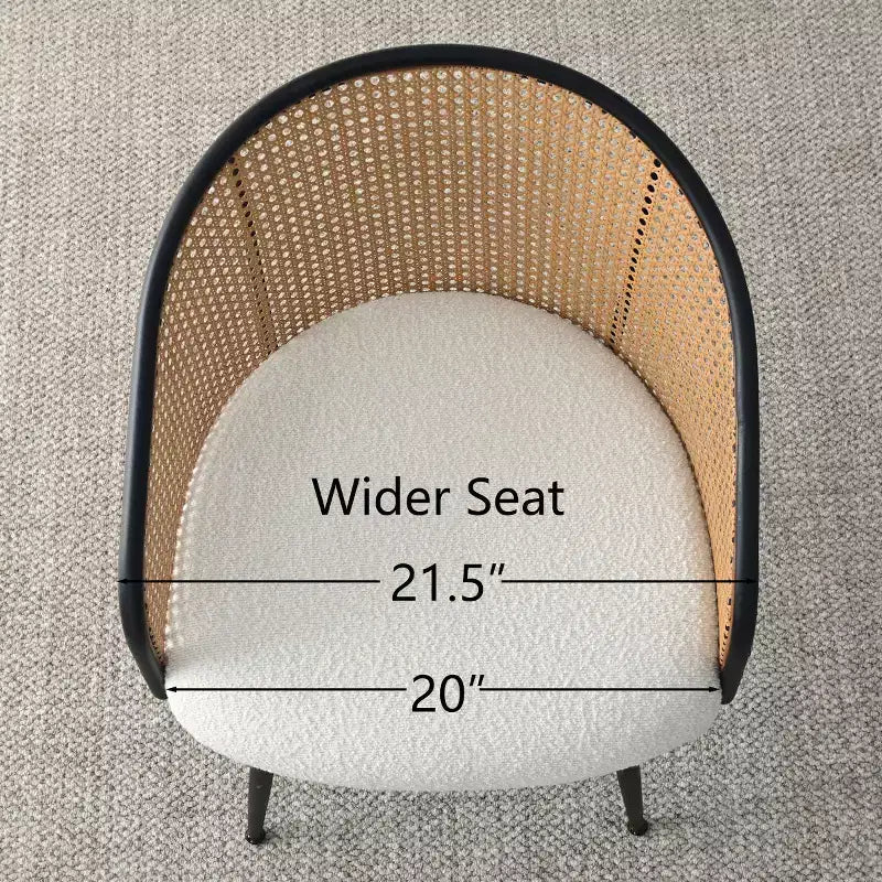Upholstered Dining Chairs Set of 4, Comfortable Rattan Kitchen Armchair with Soft Boucl Fabric Seat & Black Metal Legs -