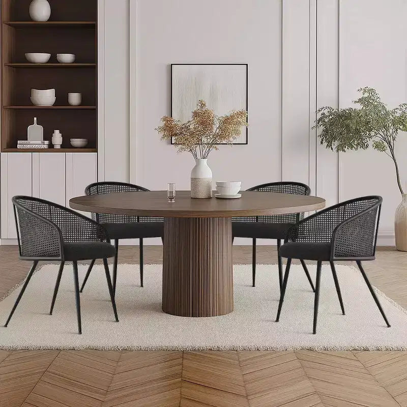 Upholstered Dining Chairs Set of 4, Comfortable Rattan Kitchen Armchair with Soft Boucl Fabric Seat & Black Metal Legs -