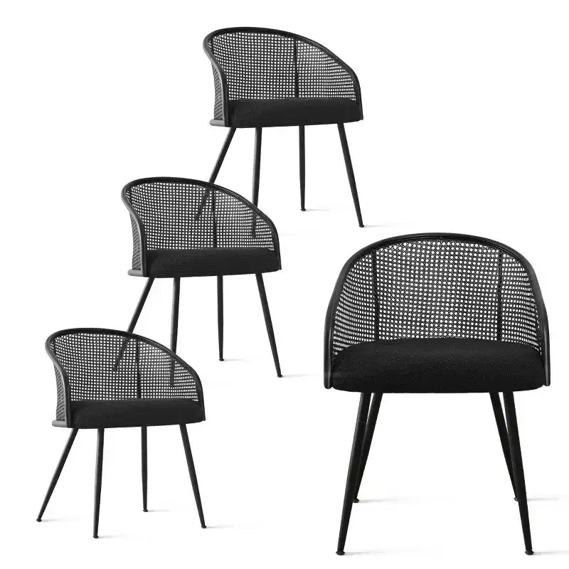 Upholstered Dining Chairs Set of 4, Comfortable Rattan Kitchen Armchair with Soft Boucl Fabric Seat & Black Metal Legs -