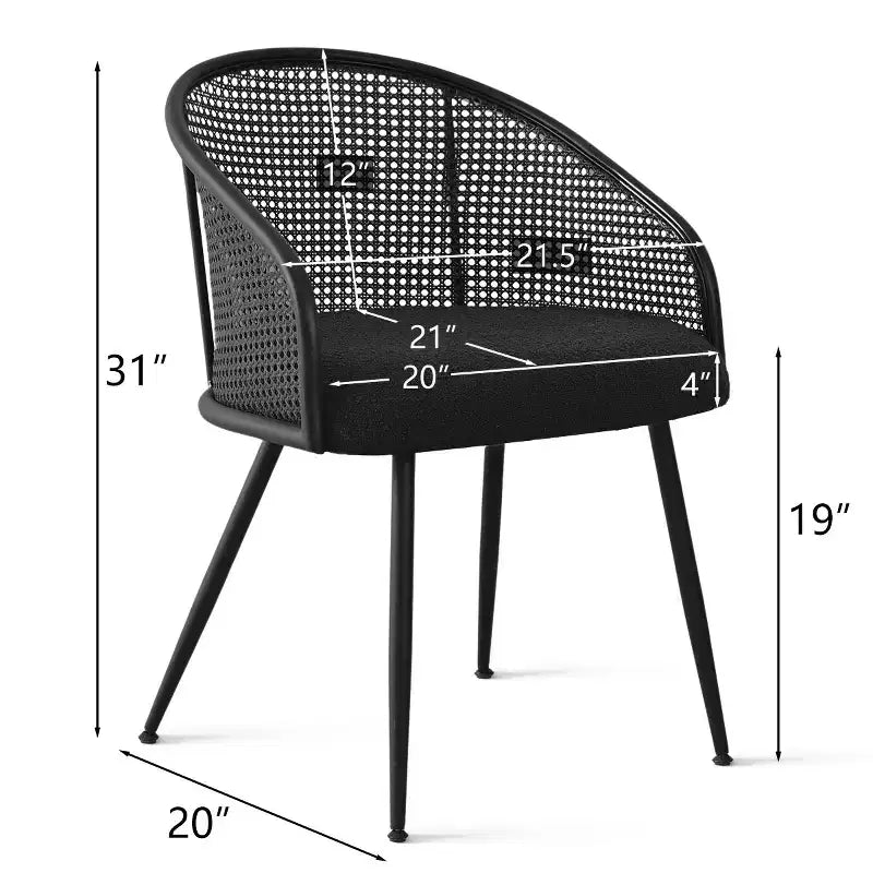 Upholstered Dining Chairs Set of 4, Comfortable Rattan Kitchen Armchair with Soft Boucl Fabric Seat & Black Metal Legs -