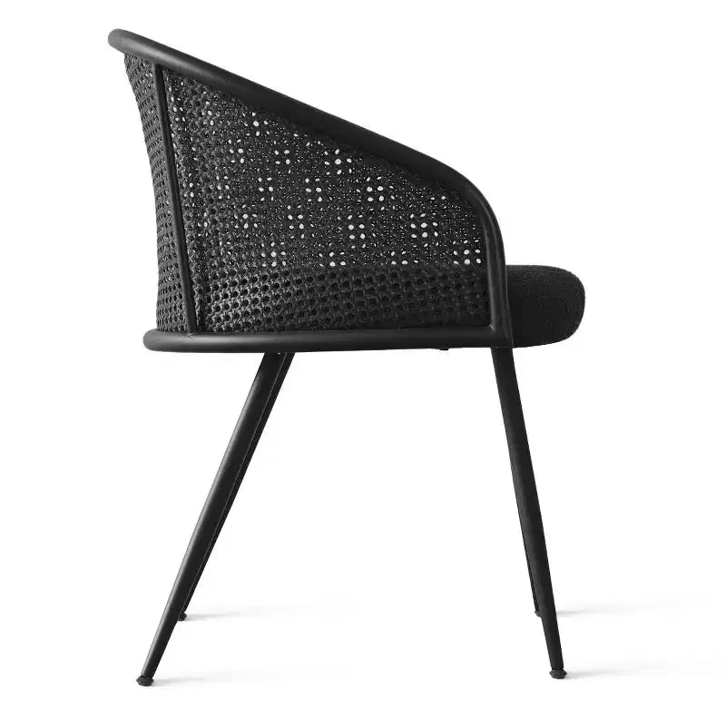 Upholstered Dining Chairs Set of 4, Comfortable Rattan Kitchen Armchair with Soft Boucl Fabric Seat & Black Metal Legs -