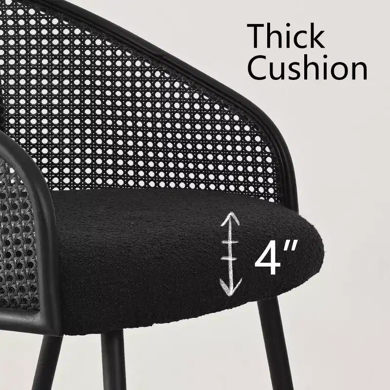 Upholstered Dining Chairs Set of 4, Comfortable Rattan Kitchen Armchair with Soft Boucl Fabric Seat & Black Metal Legs -