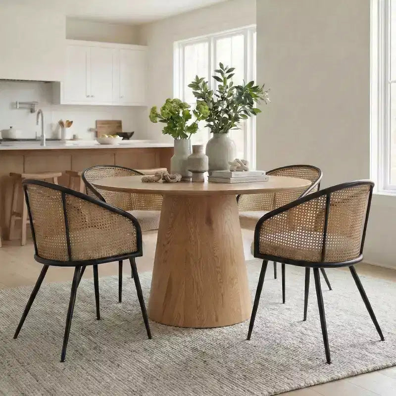 Upholstered Dining Chairs Set of 4, Comfortable Rattan Kitchen Armchair with Soft Boucl Fabric Seat & Black Metal Legs -