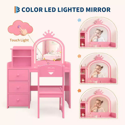 2-in-1 Child Vanity with Lights, Pink Princess Makeup Table & Writing Desk, Wooden Toddler Vanity with Stool, DrawersConvertible Girls play Desk