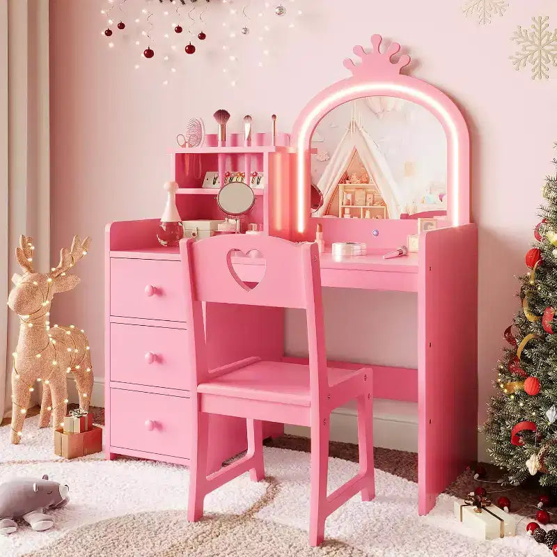2-in-1 Child Vanity with Lights, Pink Princess Makeup Table & Writing Desk, Wooden Toddler Vanity with Stool, DrawersConvertible Girls play Desk