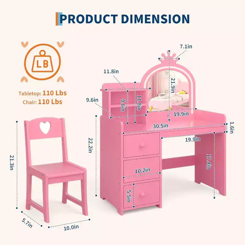 2-in-1 Child Vanity with Lights, Pink Princess Makeup Table & Writing Desk, Wooden Toddler Vanity with Stool, DrawersConvertible Girls play Desk