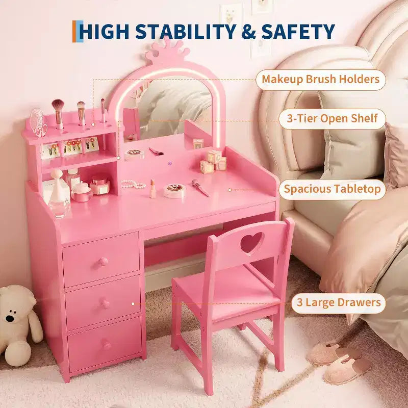 2-in-1 Child Vanity with Lights, Pink Princess Makeup Table & Writing Desk, Wooden Toddler Vanity with Stool, DrawersConvertible Girls play Desk