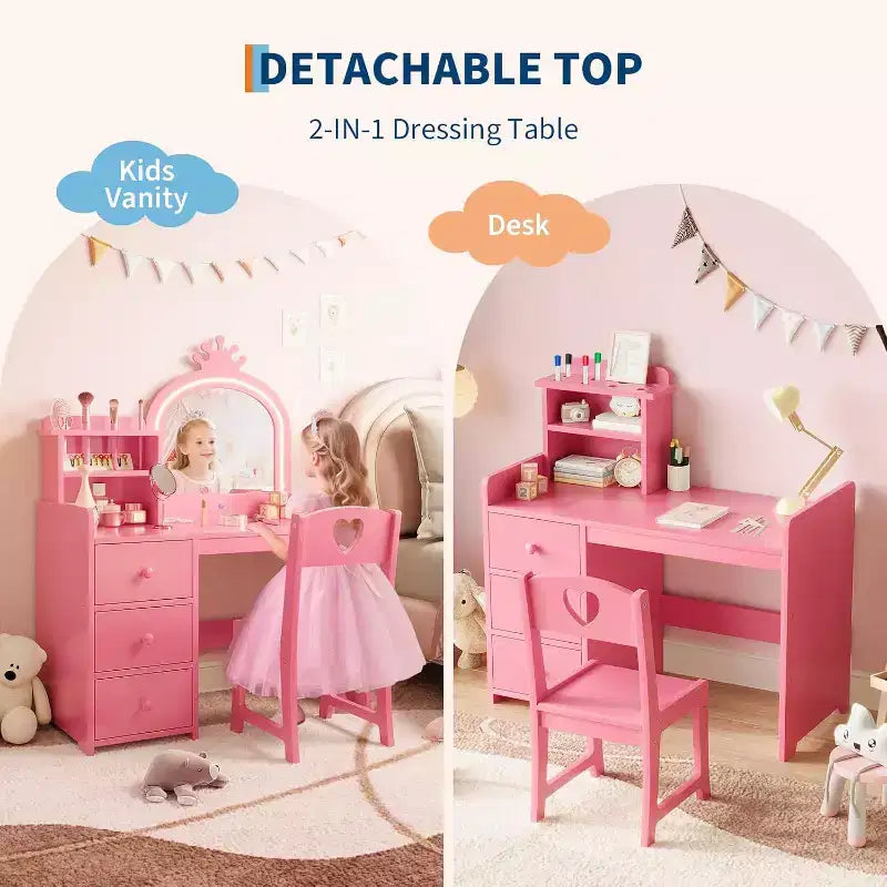 2-in-1 Child Vanity with Lights, Pink Princess Makeup Table & Writing Desk, Wooden Toddler Vanity with Stool, DrawersConvertible Girls play Desk