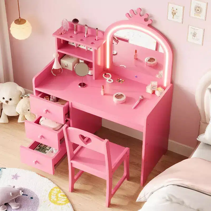 2-in-1 Child Vanity with Lights, Pink Princess Makeup Table & Writing Desk, Wooden Toddler Vanity with Stool, DrawersConvertible Girls play Desk